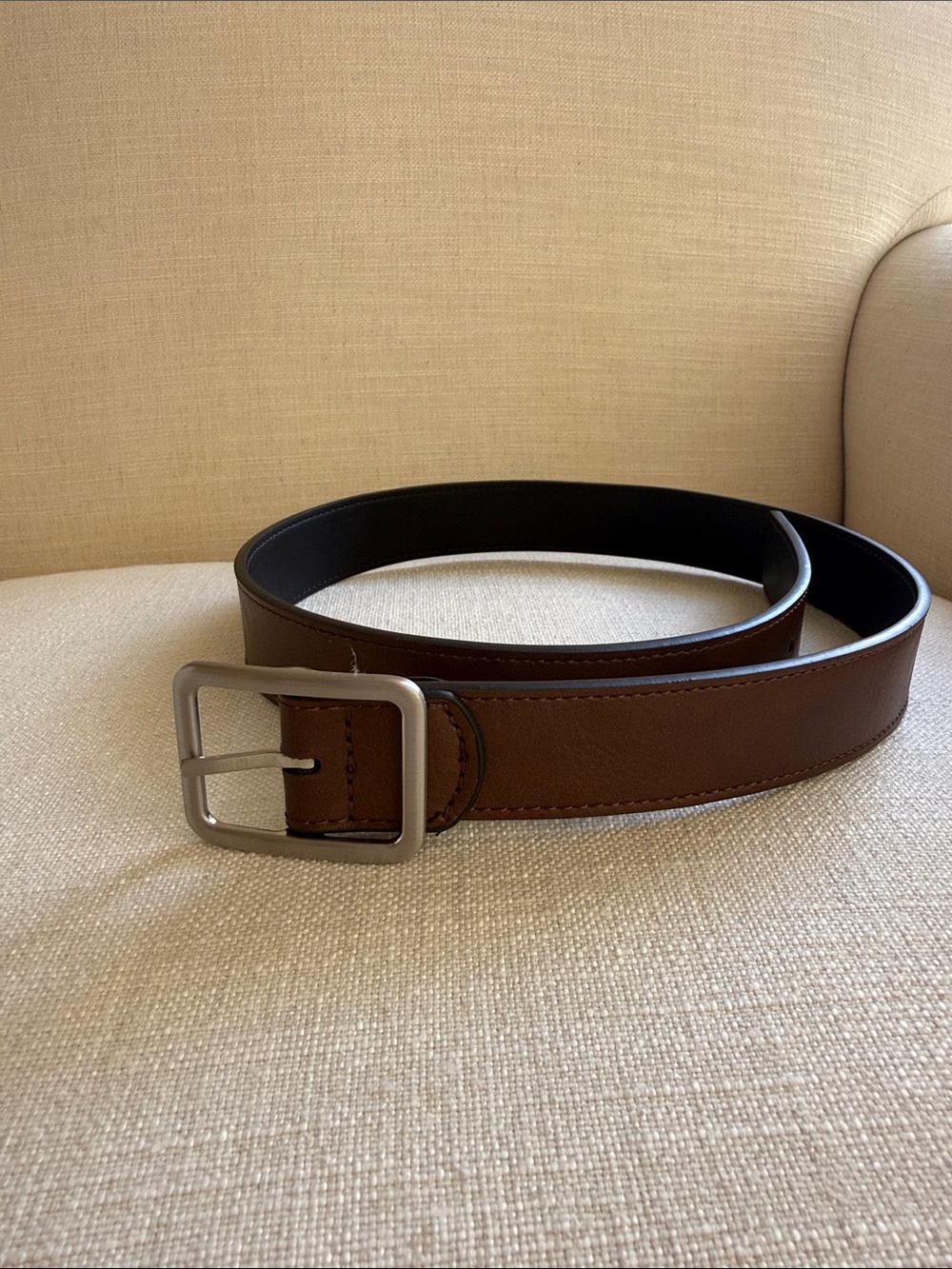Lands' End Brown Leather Belt with Matte Silver Buckle